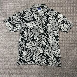 NorthCrest Mens Medium Black White Tropical Monstera Leaf Rayon Hawaiian Shirt